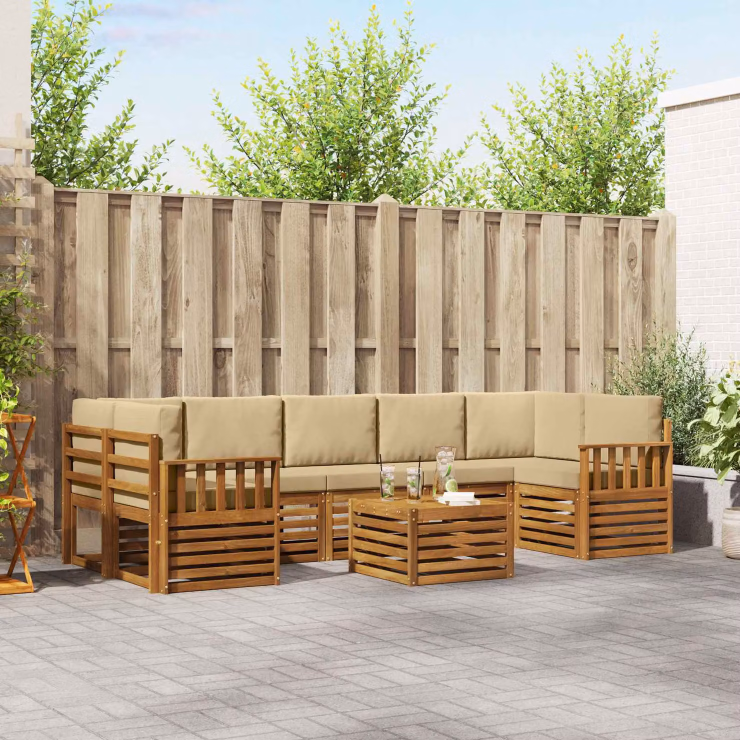 Set di divani da esterno vidaXL a forma di L in legno di acacia con tavolo da caffè, 8 pezzi, Beige e Naturale