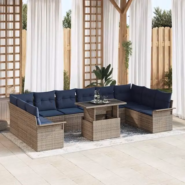 Set Divano da Giardino a Forma di U con Tavolino vidaXL, Colore Grigio e Blu, con Cuscini e Struttura in Metallo e Rattan – 1