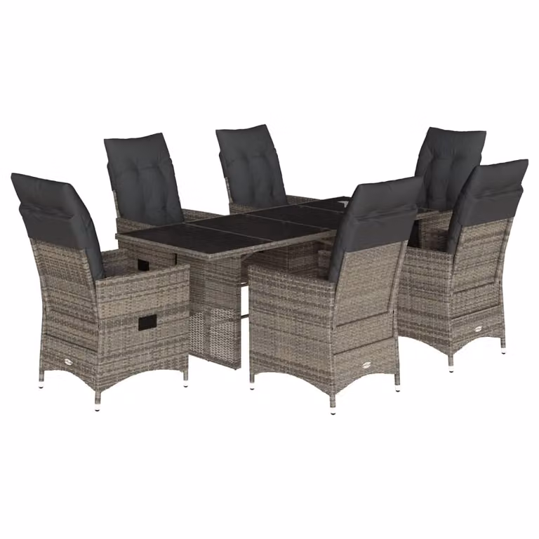 Set da Pranzo da Giardino 7 pz con Cuscini in Polyrattan Grigio