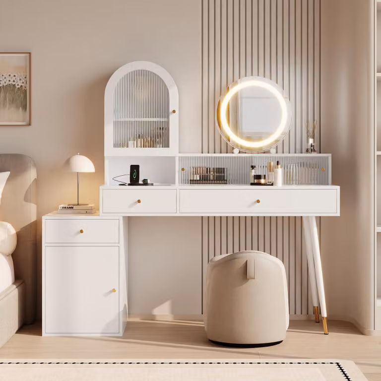 Merax: toletta da trucco a L con specchio a LED, porta USB Type-C, prese di corrente, piano in vetro, 3 cassetti, toletta moderna, bianco