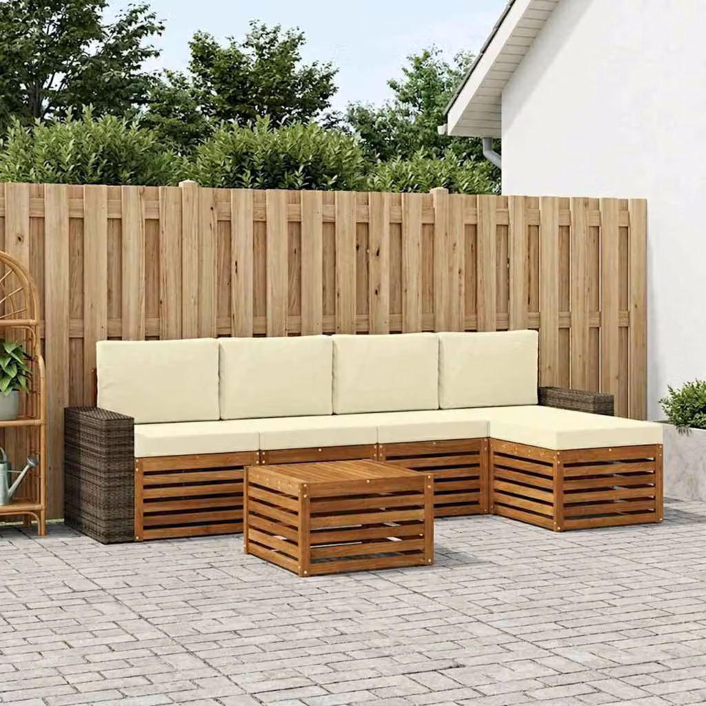 Set di divani da esterno vidaXL a forma di L in legno di acacia con tavolino e pouf, 6 pezzi, Naturale e Crema
