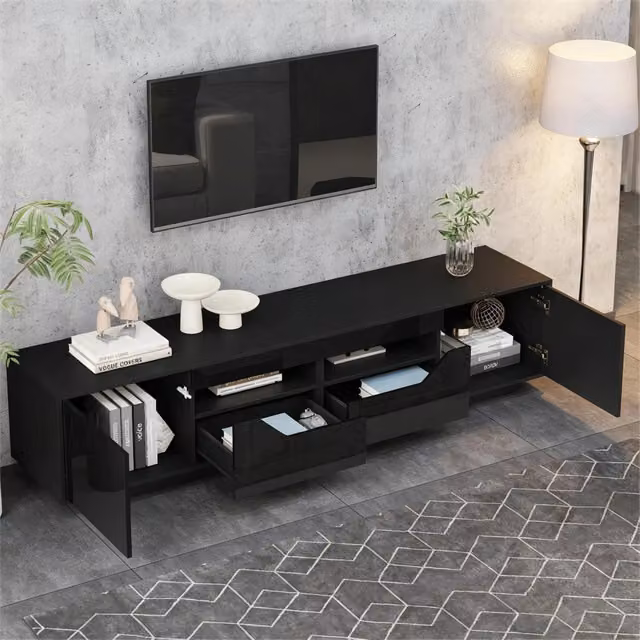 Mobile TV Minimal con LED e cassetti Nero lucido L: 180 cm, P: 40 cm, H: 45 cm – 1