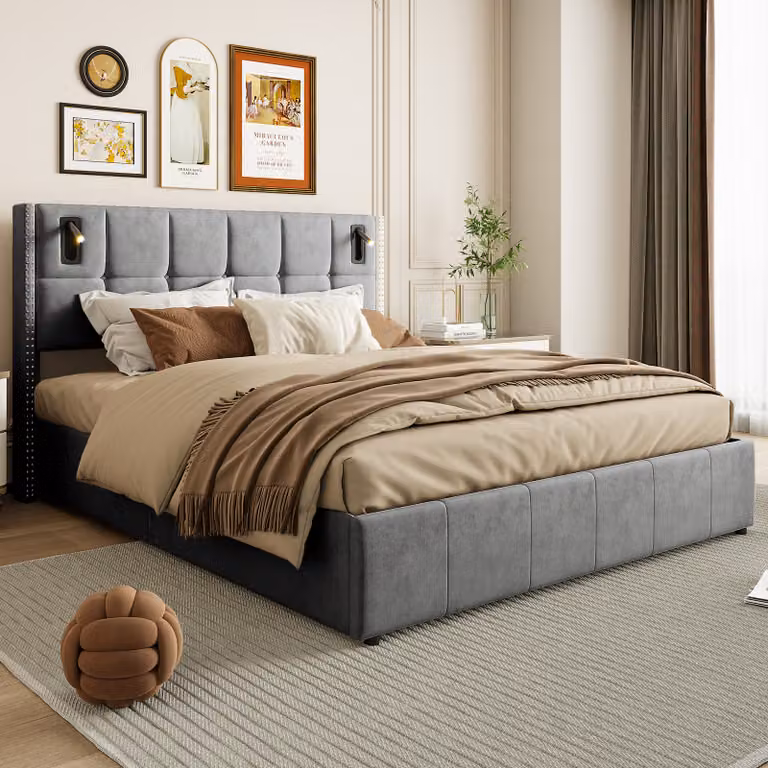 Letto imbottito UnboxG 160x200cm con LED, letto a molle con rete a doghe, letto matrimoniale con contenitore, letto funzionale con contenitore, velluto, grigio