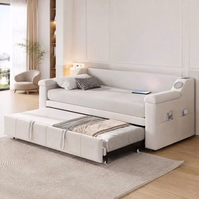 Divano letto imbottito ULEVR 90/180x190 cm con estrazione idraulica, stereo Bluetooth, USB e vani beige