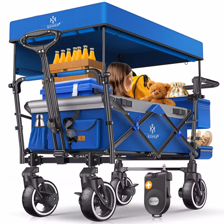 Carretto pieghevole KESSER® GTS-9100 con tettuccio, carrello da trasporto pieghevole con portata fino a 150 kg, ruote in gomma dura e freni di stazionamento anteriori e posteriori; include lucchetto, copertura, protezione dalle intemperie e visiera paraso