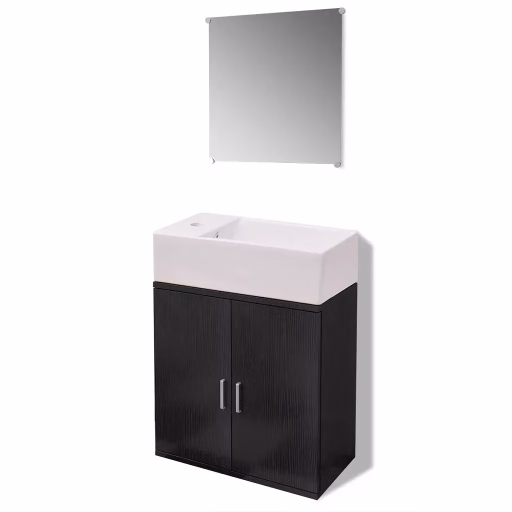 Set Mobili da Bagno Moderno vidaXL in Legno e Ceramica, 3 Pezzi, Nero e Bianco, Montaggio a Parete – 2