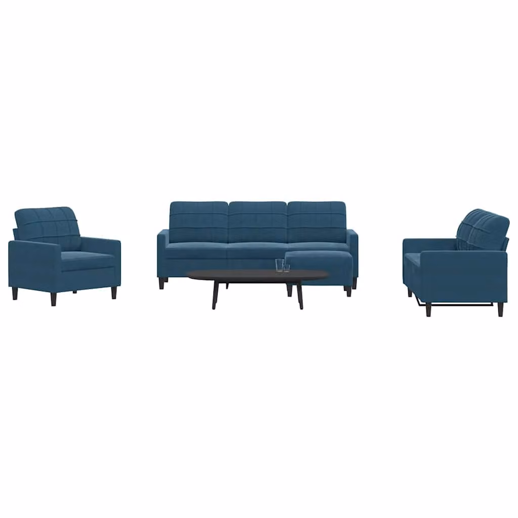 vidaXL Set di Divani Moderno 4 Pezzi in Velluto Blu con Cuscini e Ottoman e Struttura in Metallo – 1