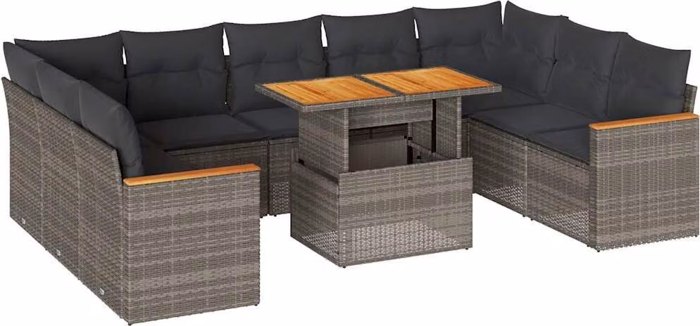 Divano Giardino 10 pz con Cuscini Grigio in Polyrattan Acacia
