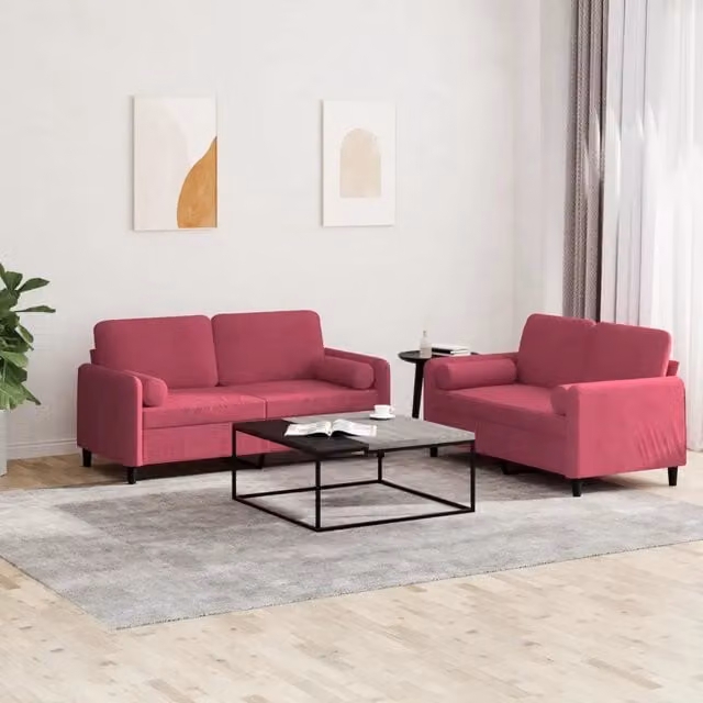 Set di 2 divani vidaXL in velluto rosso con cuscini per soggiorno in stile moderno