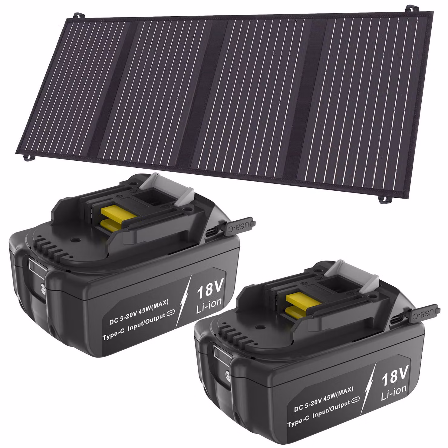 2 batterie con connettore USB-C PD, funzione di ricarica, compatibili con Makita 18V 6Ah (modelli BL1840, BL1850, BL1860, BL1815, BL1820, BL1830, BL1835, BL1845) e LXT400, con pannelli solari da 40W