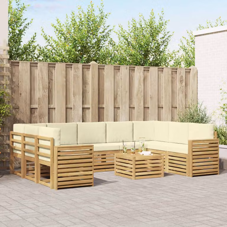 Set di divani da esterno vidaXL 10 pezzi a forma di L con tavolino da caffè, in legno di acacia e tessuto resistente ai raggi UV, Bianco e Beige
