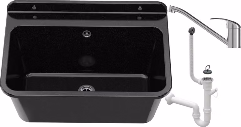 Granitan - Lavabo - Lavello - 61x41x30 cm - Nero - con rubinetteria e sifone - Lavello - LARGE