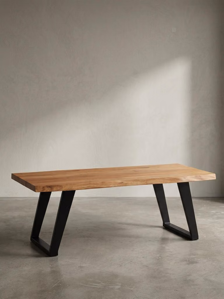 Tavolino da salotto 120x60x46 cm in legno massello di acacia / metallo con bordo naturale, tavolino da salotto di design rettangolare, tavolino da divano marrone, tavolino da caffè con gambe nere a forma di U.
