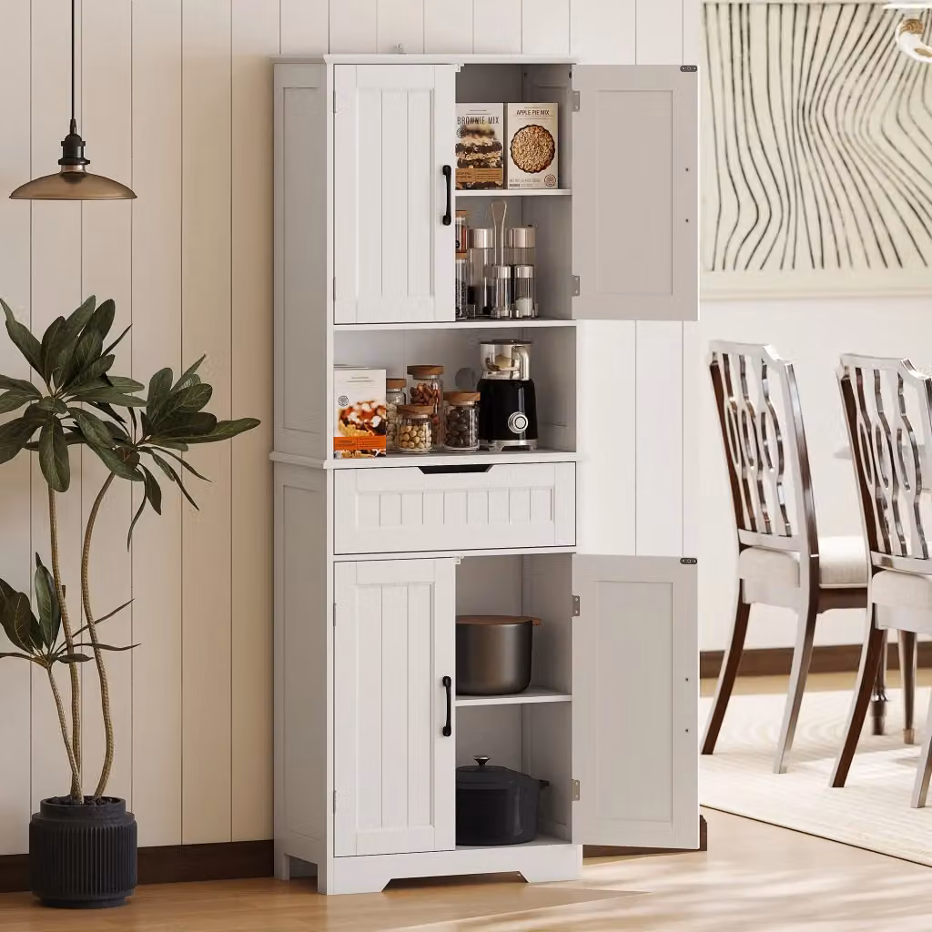 Credenza Giordanoshop Moderna Bianca in MDF e Metallo con Armadietti, Cassetti e Passacavi L/P/H: 60 x 30 x 172 cm – 2