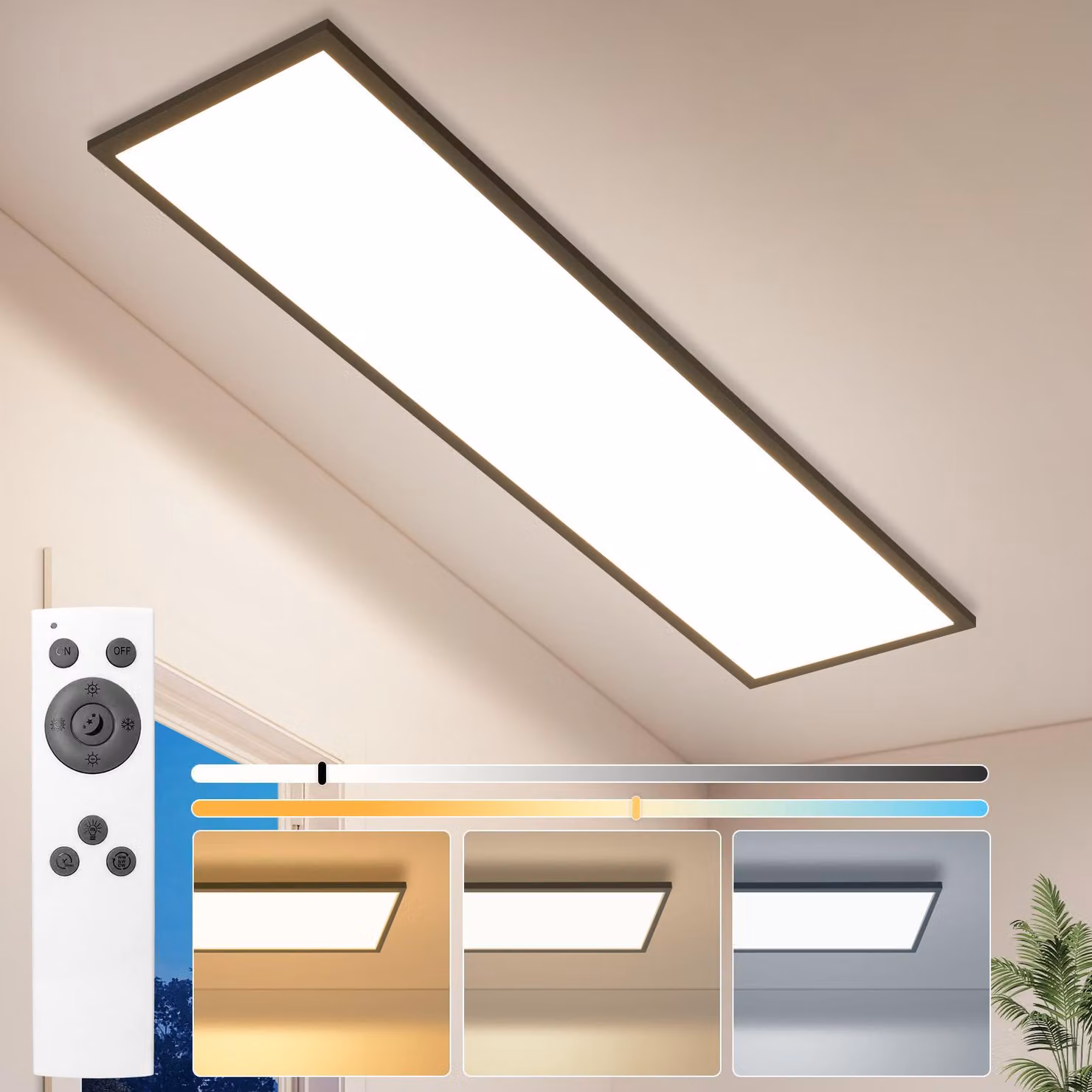 Pannello LED ZMH 120x30cm, lampada da soffitto dimmerabile, lampada piatta per soggiorno, 18,5W, con telecomando, temperatura di colore regolabile, ideale per camera da letto, cucina, corridoio, colore nero