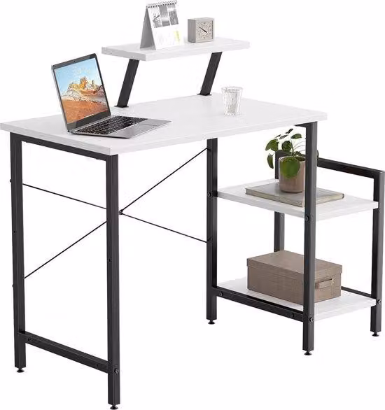 Scrivania a forma di L Unyqoos®, 80 x 50 x 75 cm, con 2 cassettiere mobili e supporto per monitor, colore bianco, struttura in metallo e piano in MDF, stabile, facile da assemblare