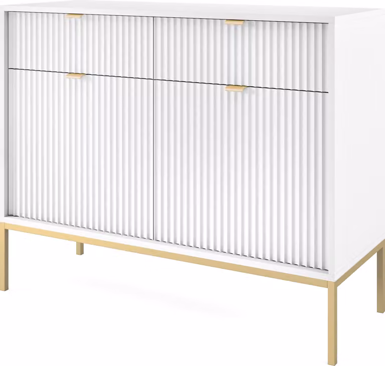 Cassettiera: 2 cassetti, 2 ante, bianco, oro, 104 x 83 x 39 cm, maniglie dorate