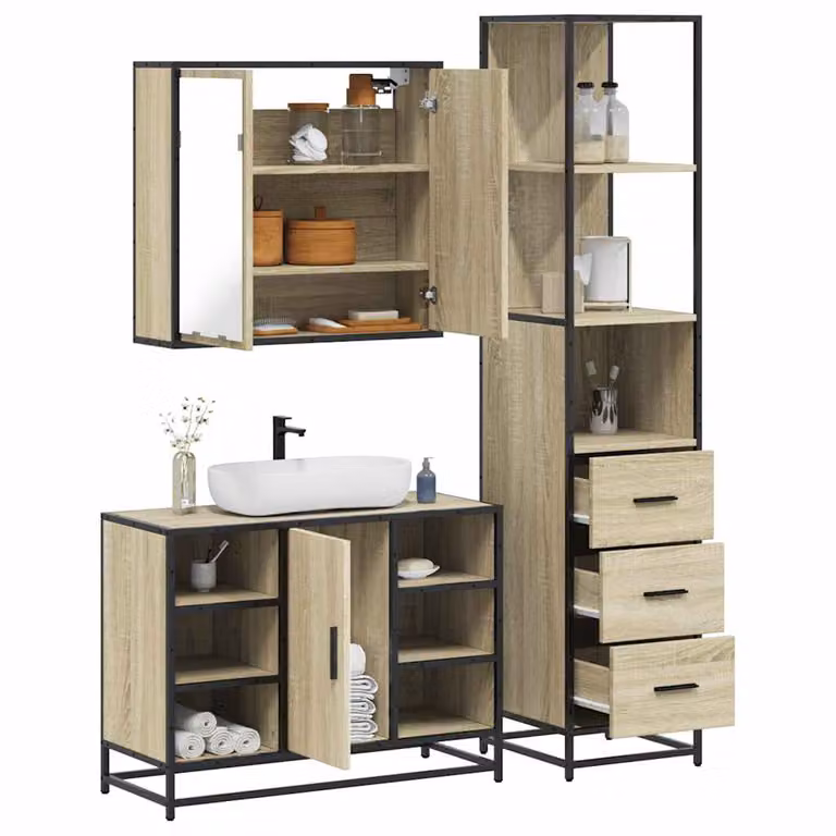 Set di mobili da bagno industrial vidaXL in legno e metallo marrone composto da armadietto con specchio, mobile lavabo e colonna alta con illuminazione LED