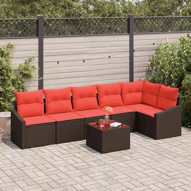 Set di divani da giardino vidaXL 7 pezzi in rattan marrone con cuscini e tavolino per esterno