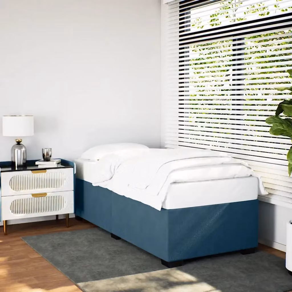 Letto singolo per adulti in velluto blu con struttura in legno e doghe, L/P: 90 x 190 cm – 2