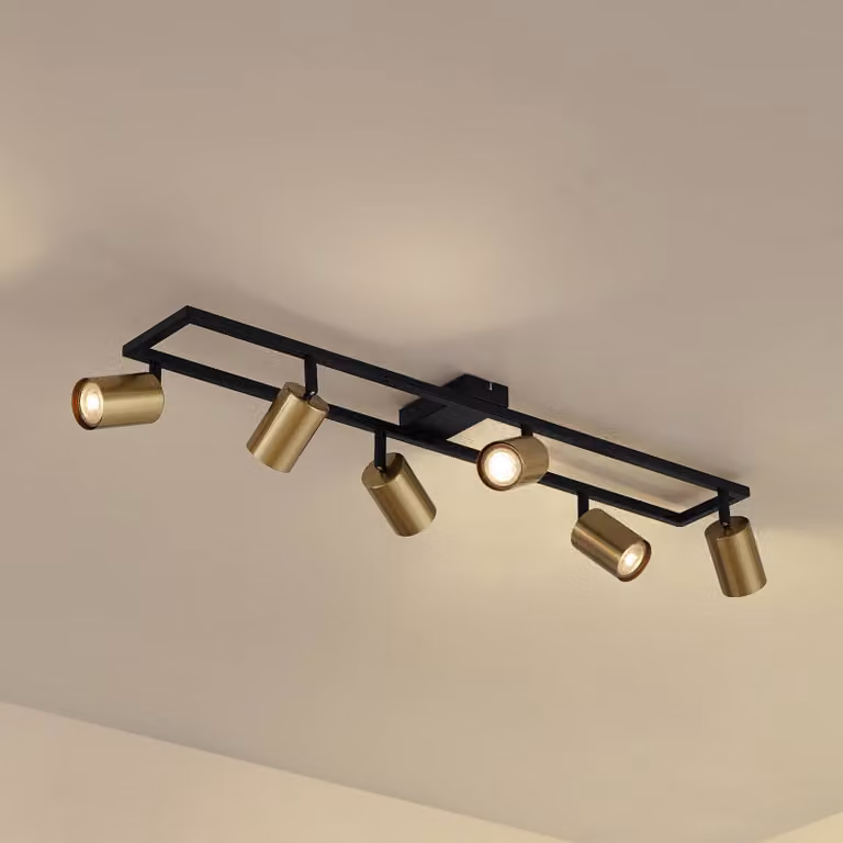Faretto da soffitto Lindby Bravius, ottone, a 6 luci, ferro Bravius Lindby, dimmerabile, Nero, Corridoio, Metallo, Moderno, Faretto