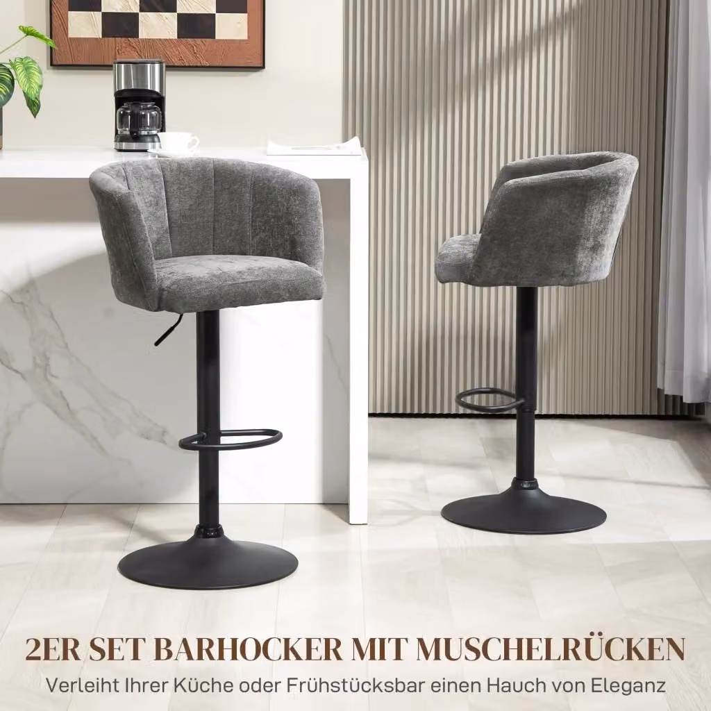 Set di 2 sgabelli da bar Mivray girevoli a 360 gradi con schienale e poggiapiedi, regolabili in altezza, rivestimento in tessuto grigio – 2