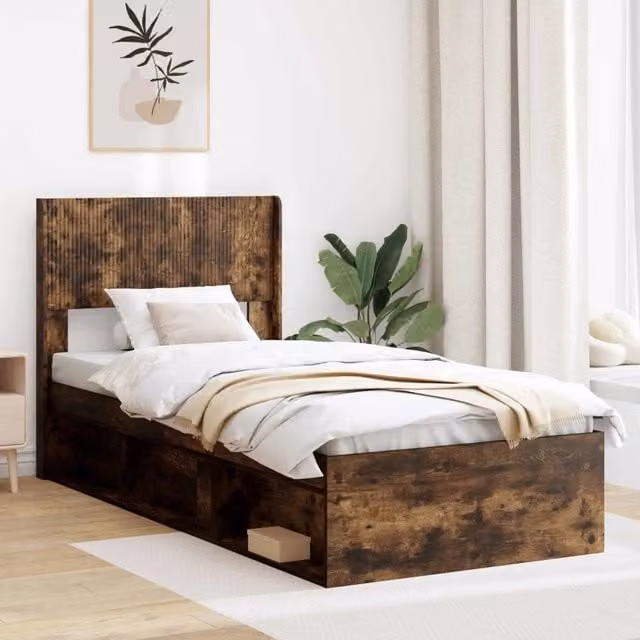 Struttura del letto con stoccaggio e testata-Giroletto con contenitore Rovere Fumo 442672