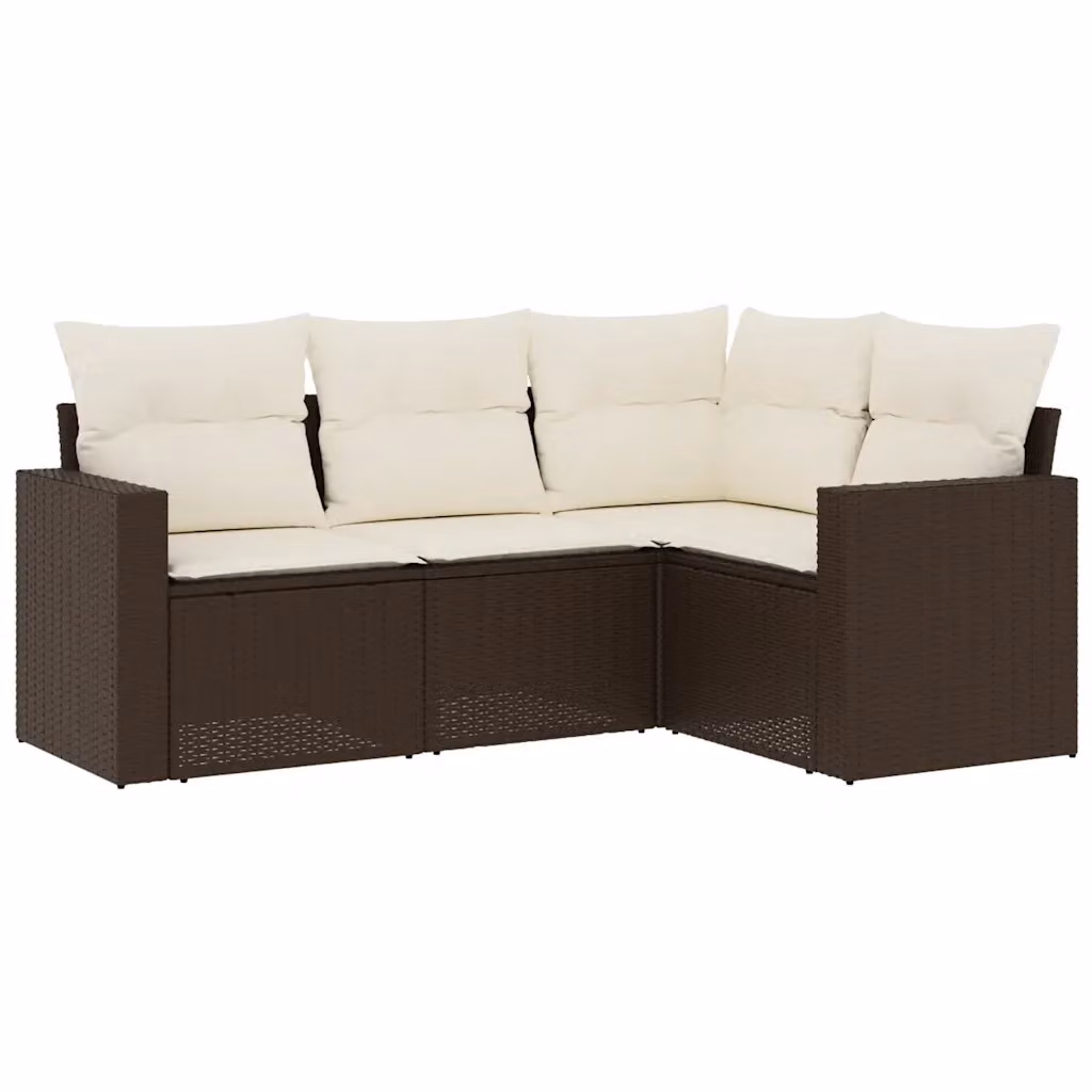 vidaXL Set Divano da Giardino a L 4 pz in Polyrattan Marrone con Cuscini Bianchi – 2