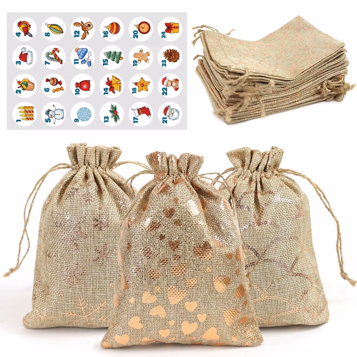 Calendario dell'Avvento, set da 24, sacchetti di juta con cordoncino, color oro, dimensioni 10x15 cm
