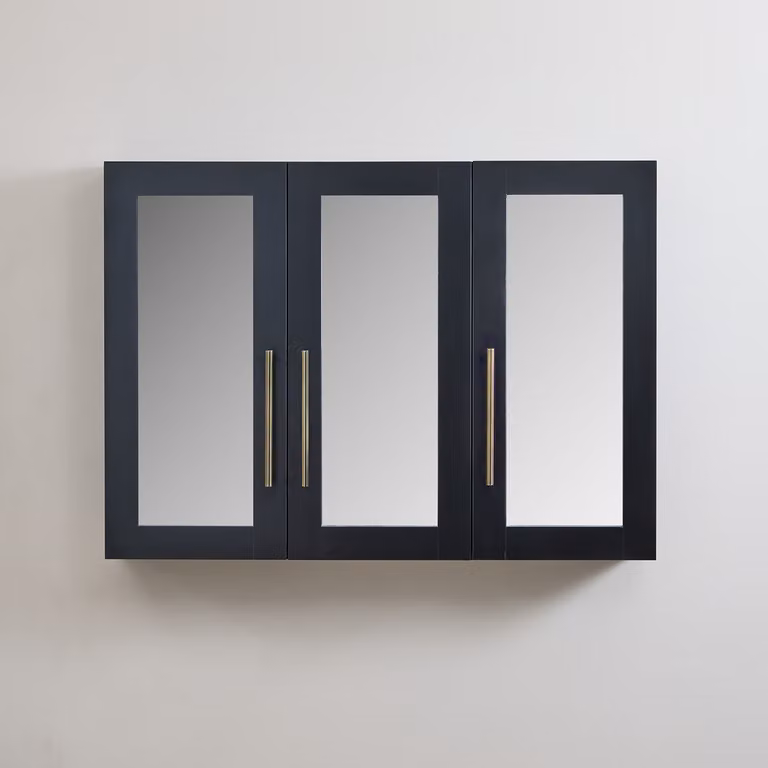 Mobiletto a Specchio da 600mm x 650mm Nero Grigio - Completo di Maniglie Moderne a Barra in Ottone Spazzolato - Cluo