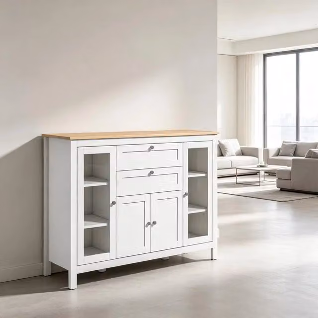 Credenza con 2 ante in vetro temperato, 2 ripiani e 2 cassetti, per soggiorno e cucina, bianco, 120 × 40 × 90 cm