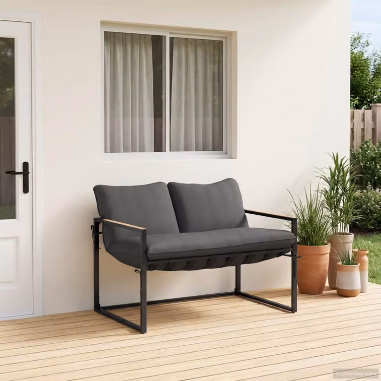 Set Divano da Giardino 2 Posti vidaXL Moderno in Acciaio Verniciato con Cuscini Nero e Antracite