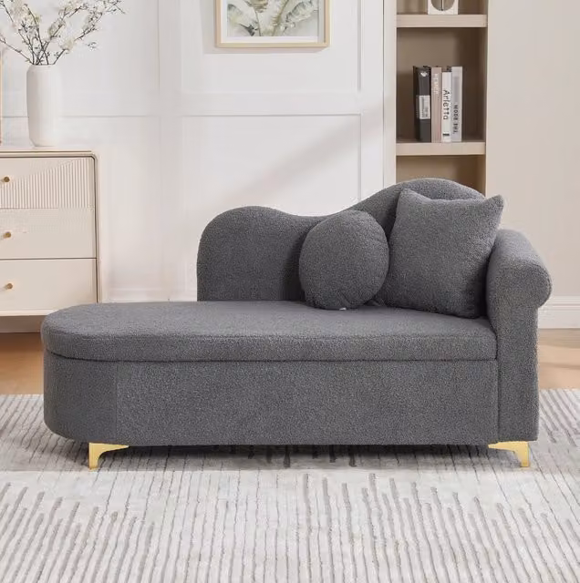 Chaise longue 134 cm con vano contenitore, cuscini e piedi in metallo