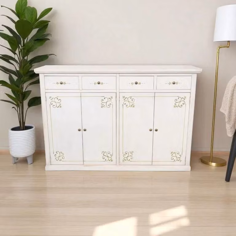 Madia credenza shabby chic in legno con 4 porte e decoro floreale bianco anticato e verde Mobili 2G L: 160 cm, P: 40 cm, H: 110 cm