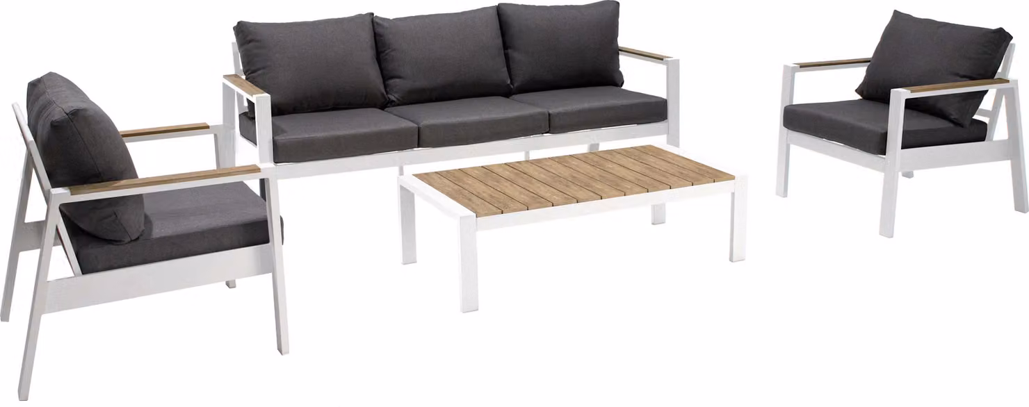 Milani Home - salotto da giardino, alluminio e poliestere e polywood, angolare con tavolino e cuscini, 5 posti, bianco e grigio scuro