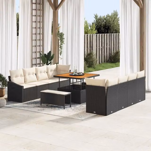Set Divano da Giardino Moderno vidaXL in Polyrattan e Legno di Acacia Nero 11 Pezzi