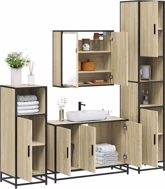 Set di mobili da bagno industrial vidaXL in legno e metallo marrone composto da armadietto specchio, mobile lavabo, mobile laterale e colonna alta