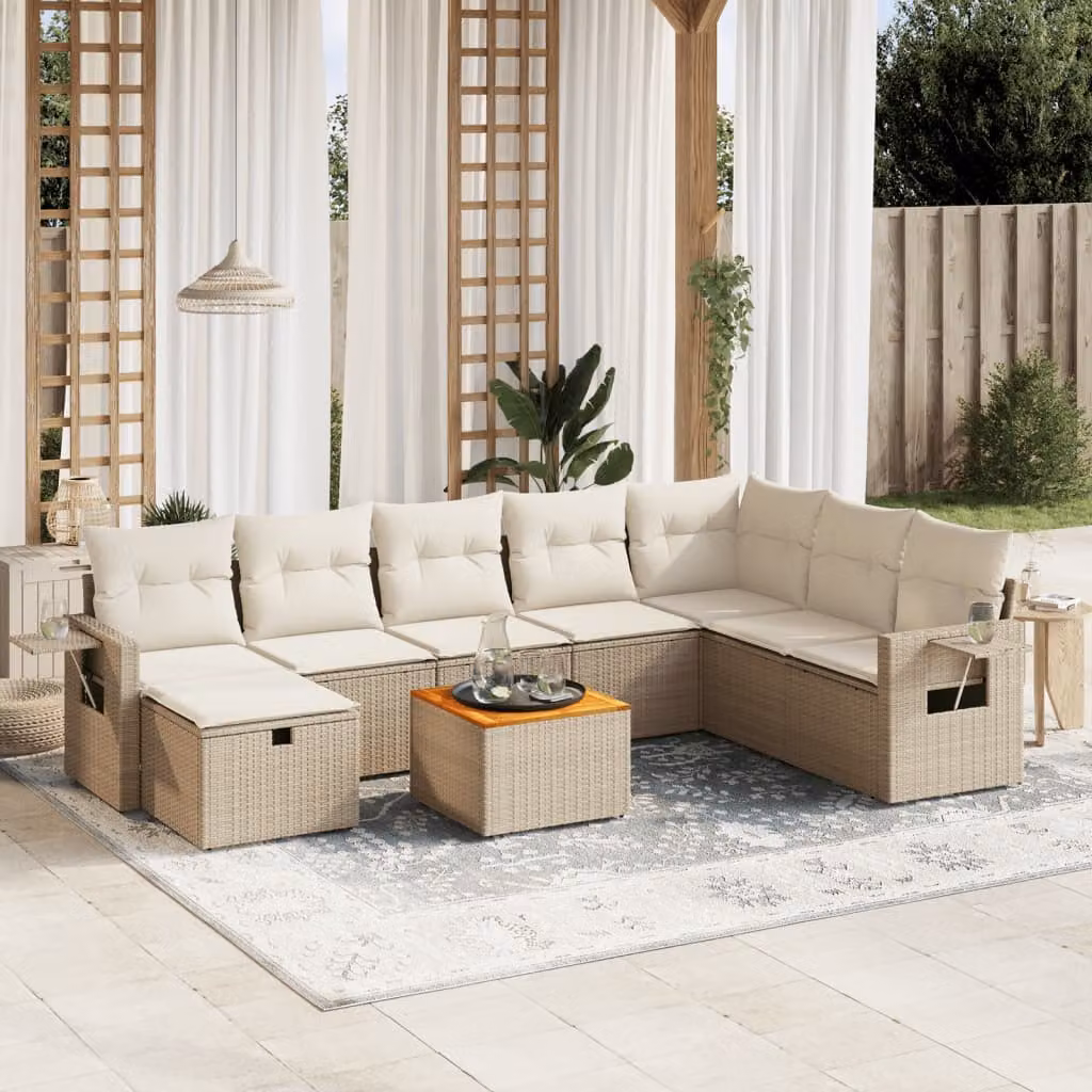 vidaXL Set Divano da Giardino a L 9 pz con Cuscini Beige e Struttura in Acciaio e Legno di Acacia – 1