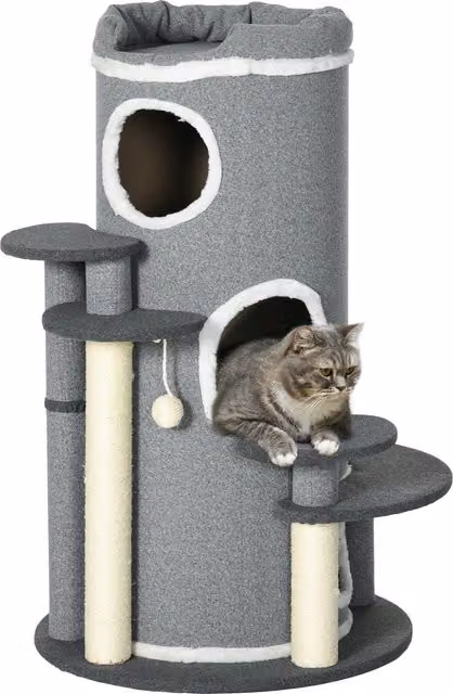 Set di 2 alberi grattatori per gatti PawHut con 4 aree riposanti e 4 tiragraffi, L/P/H: 57 x 57 x 99 cm, Grigio e Bianco – 1