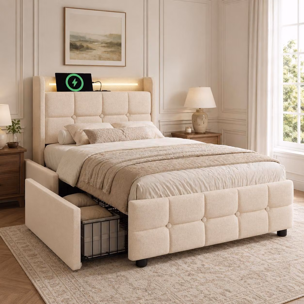 Letto imbottito Flieks 90x200cm con USB e prese, letto per ragazzi letto singolo con 2 cassetti, letto contenitore letto in legno massiccio con LED e rete a doghe, lino, beige