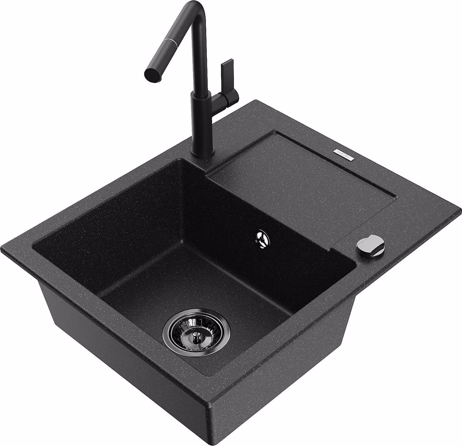 Mexen Enzo lavello in granito a 1 vasca con scolapiatti e rubinetto da cucina Flora, nero/argento metallizzato