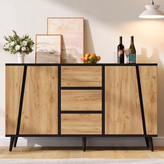 Mobili contenitori - Credenza a due ante - Mobile da ingresso - Con 3 cassetti - 120 x 40 x 70 cm - Colore legno naturale + nero