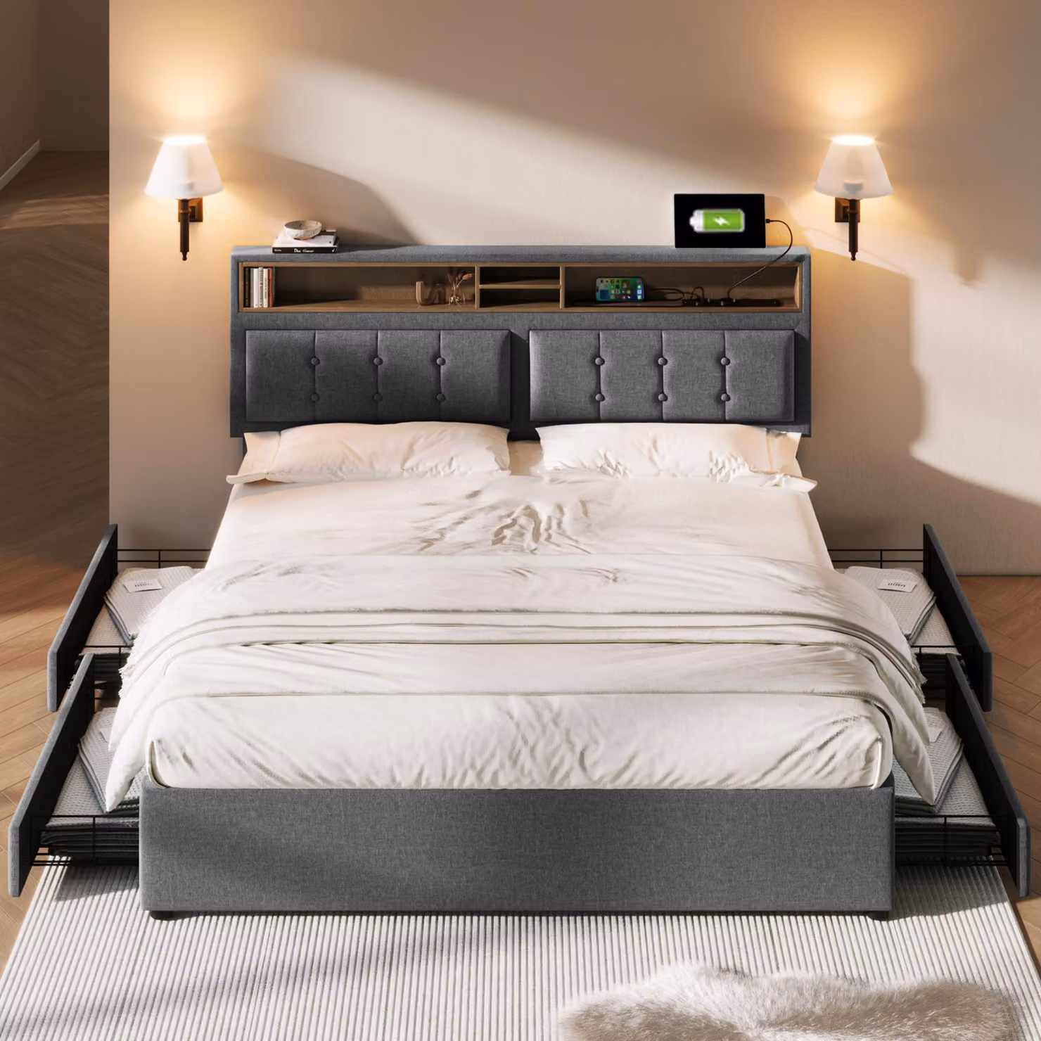 Letto imbottito 140x200 cm con 4 cassetti, porte USB-C e USB, 2 prese di corrente, poggiatesta regolabile in altezza e struttura a listelli in legno, senza materasso