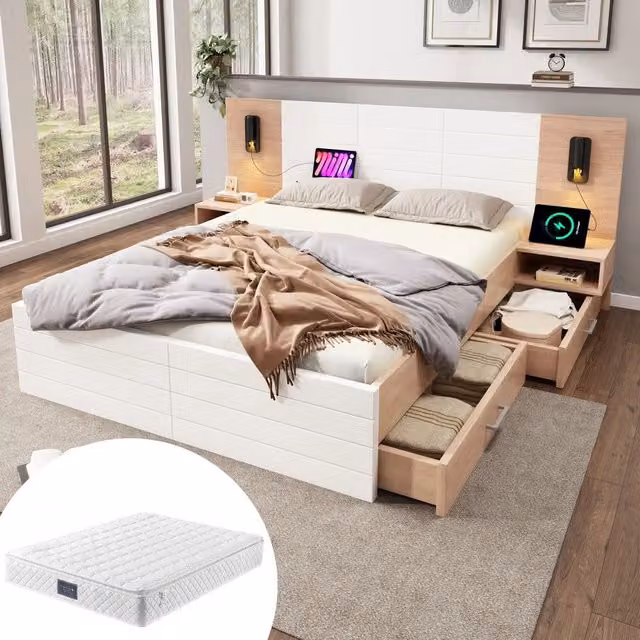 Letto Matrimoniale in Legno con Cassetti e Testiera LED USB ¨C MINIMAL ¨C Rovere/Bianco 160x200