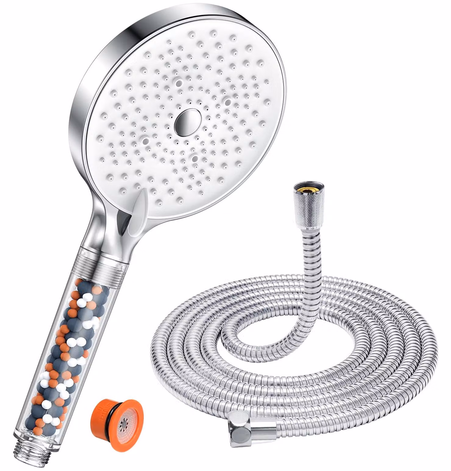 Doccia con tubo da 1,6 metri, YEAUPE PRO. Doccia a risparmio idrico con filtro, doccia che aumenta la pressione con 6 tipi di getto, doccia di grandi dimensioni (diametro 130 mm), soffione manuale con funzione anticalcare, colore bianco e cromato
