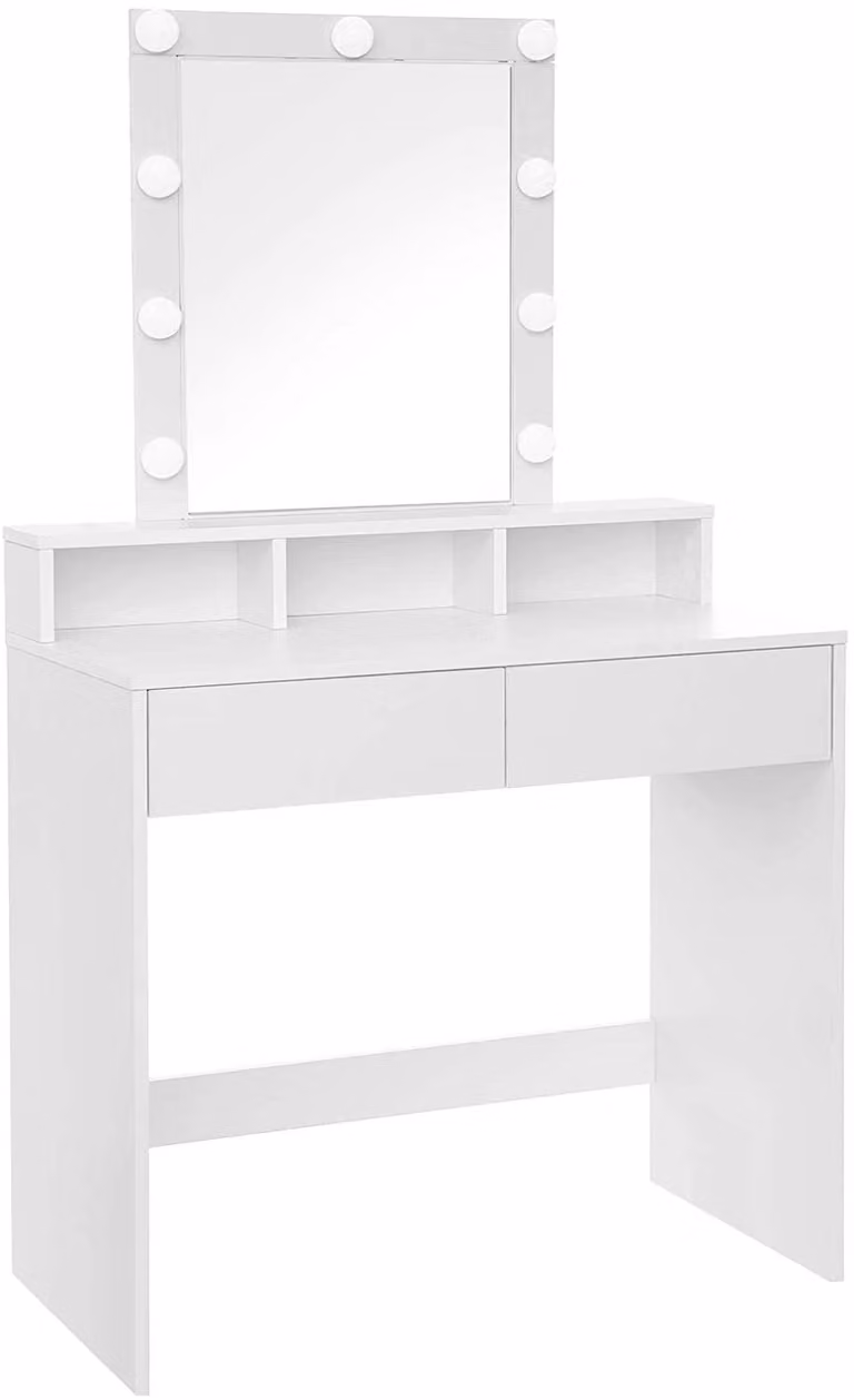 Comò da trucco con specchio e illuminazione, 2 cassetti, bianco, legno intagliato, 80 x 40 x 145 cm