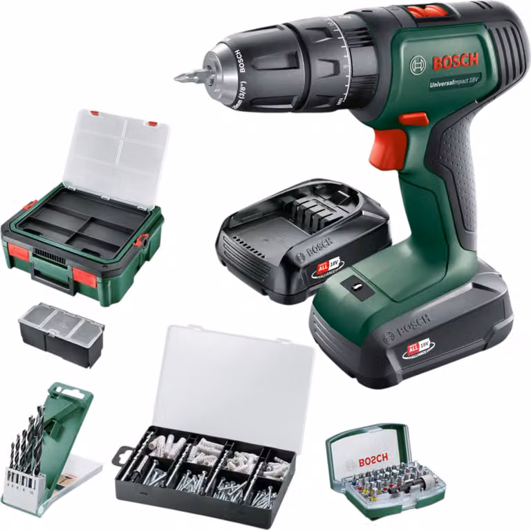 Avvitatore a percussione a batteria Bosch Universal Impact 18 V 34 Nm ( 06039D4107 ) + 2 batterie da 1,5 Ah + caricabatteria + set di punte + set di tasselli + scatola