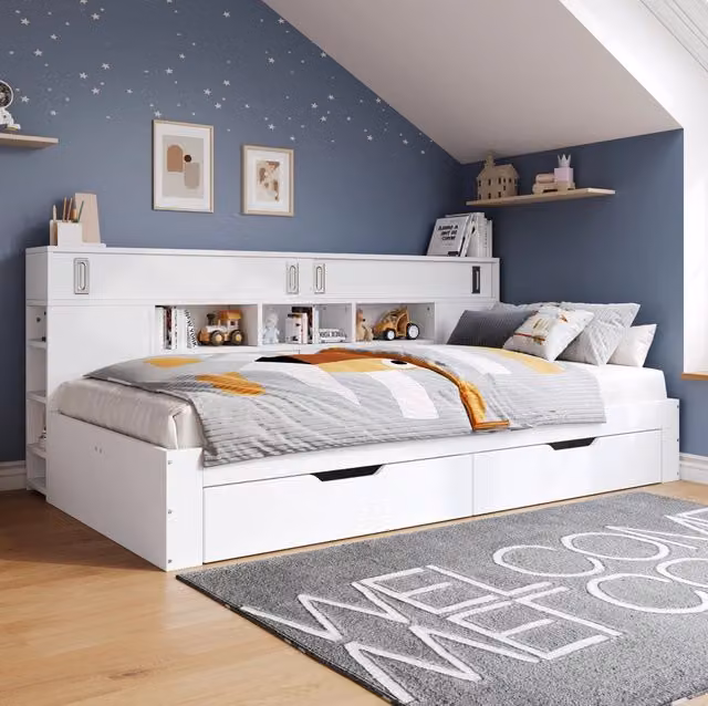 Letto singolo 140x190 cm bianco in MDF; con cassetti e armadi