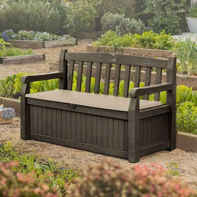 Cassapanca da esterno Chestermere DMORA, Baule contenitore e panchina da giardino, Marrone e Beige, L: 140 cm, P: 60 cm, H: 84 cm