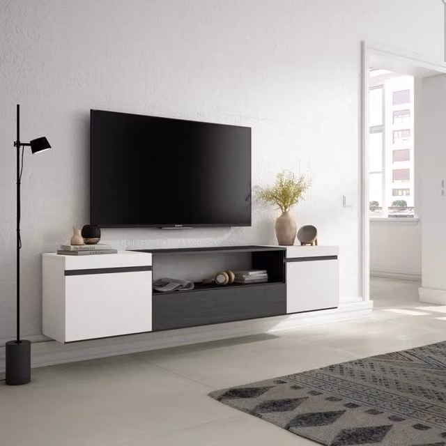 Mobile TV, 200x35x45cm, soggiorno, Per TV fino a 80", da appendere, Bianco e nero RF2204
